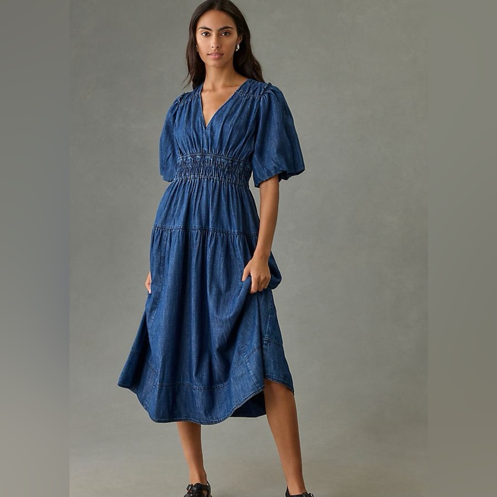 Pilcro Smocked Puff-Sleeve Denim Dress